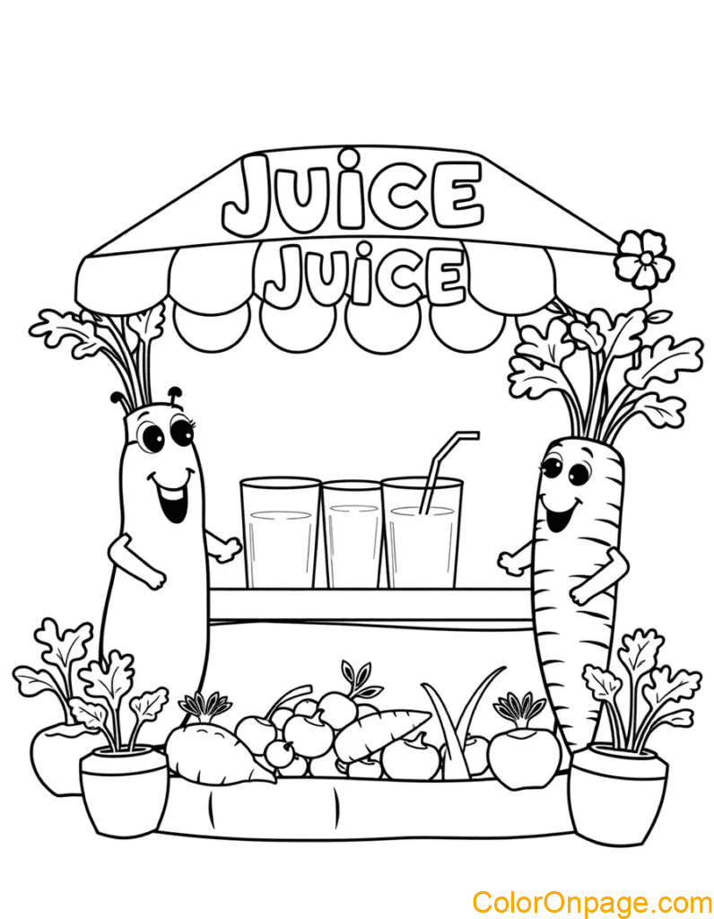 Carrot Juice Stand Happy veggies serving coloring page