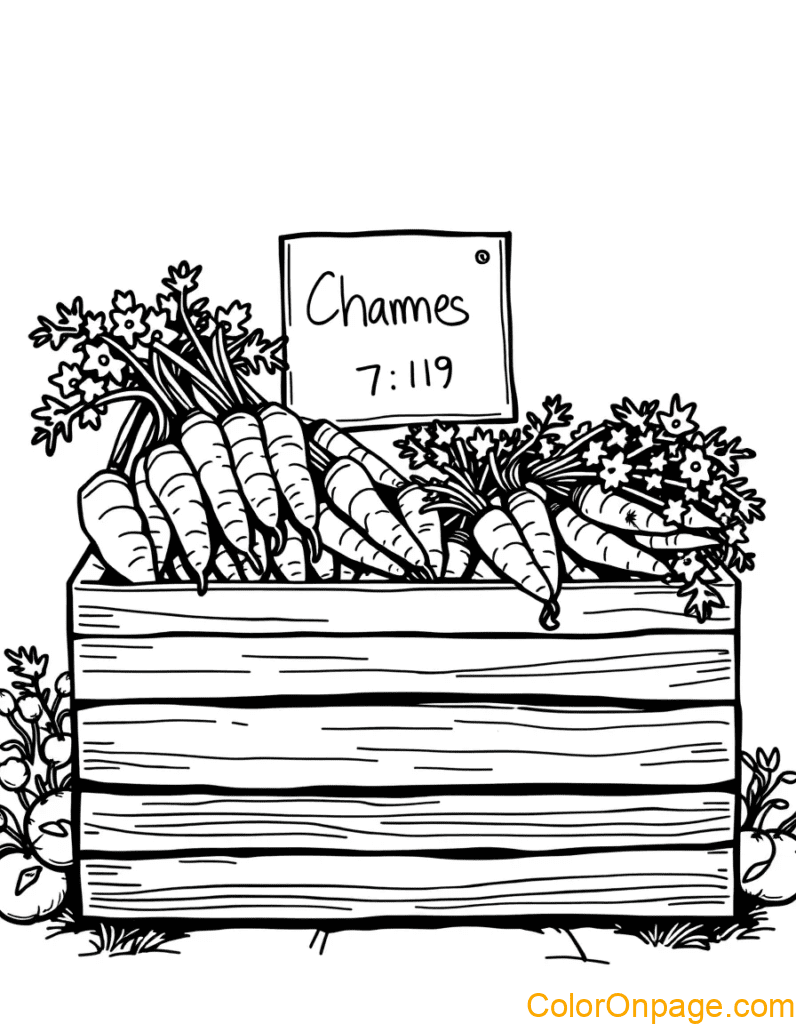 Farmers Market Display Wooden crate overflowing with fresh carrots coloring page