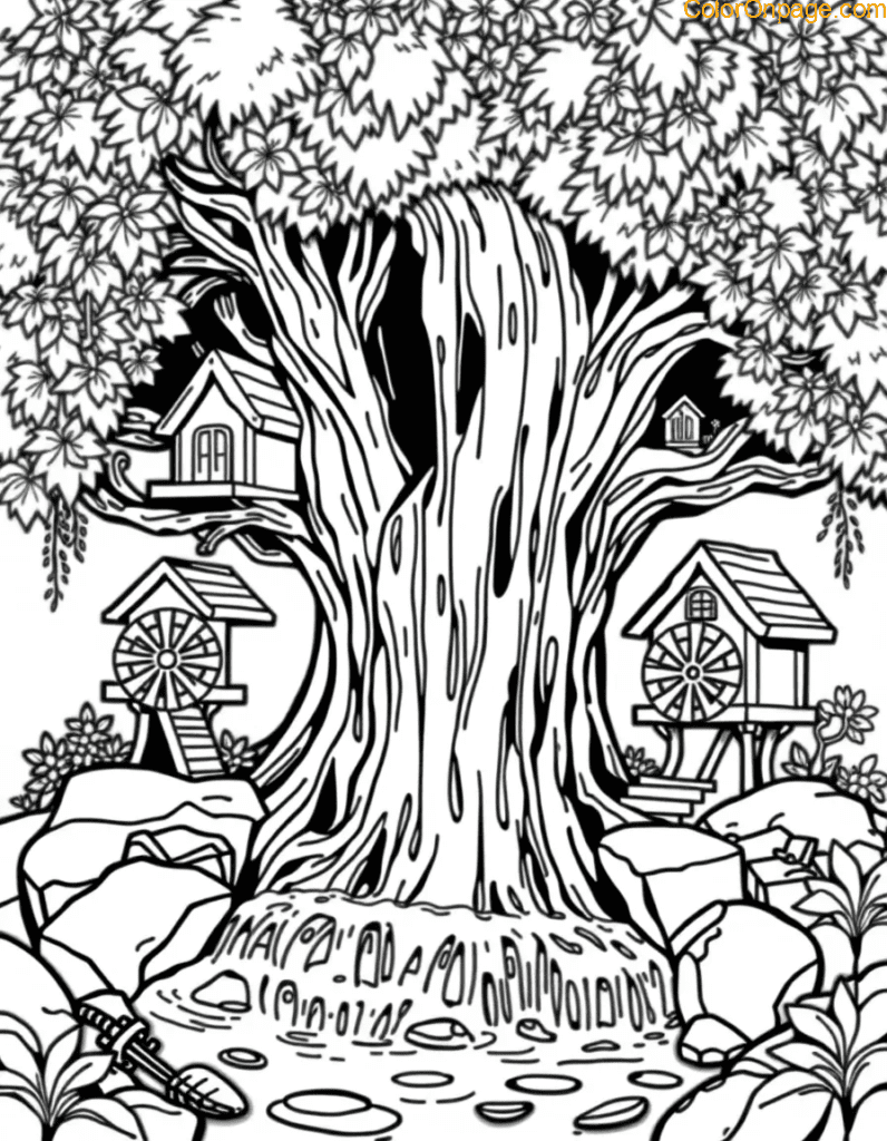 A cascading waterfall pours through the center of the tree, powering tiny waterwheels in each house