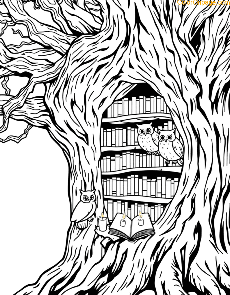 A hollowed-out ancient oak with bookshelves carved into the trunk. Owls reading by candlelight.