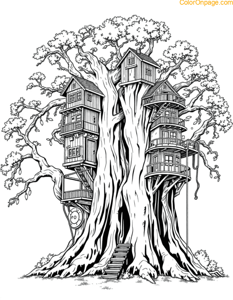 A massive tree with aerial roots forming natural towers, each hollowed into homes. Wooden elevators powered by pulleys