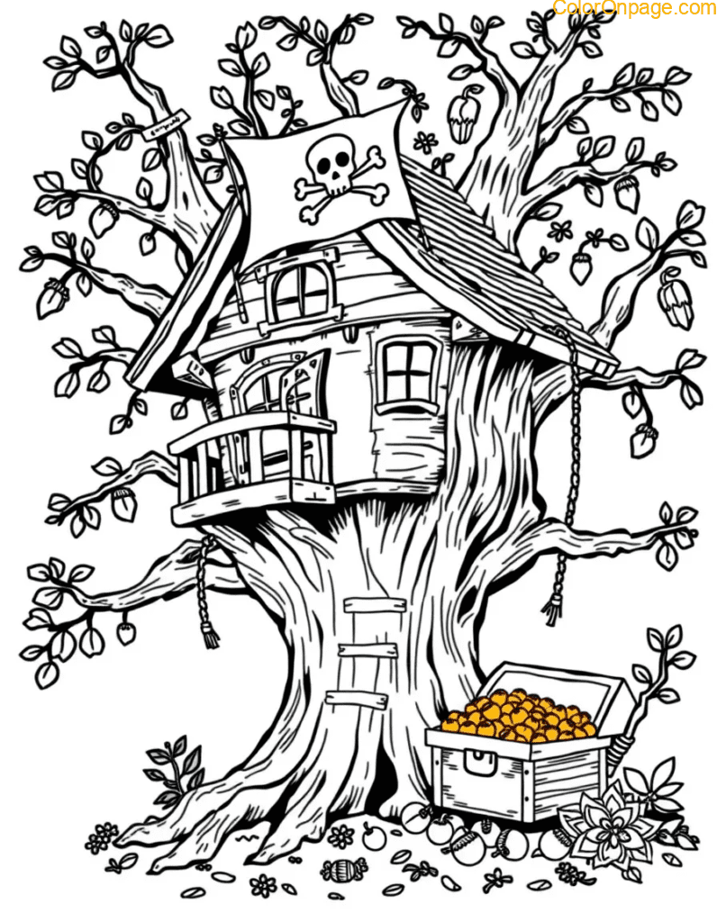A rogue treehouse with a Jolly Roger flag, rope ladders, and a treasure chest of golden acorns.