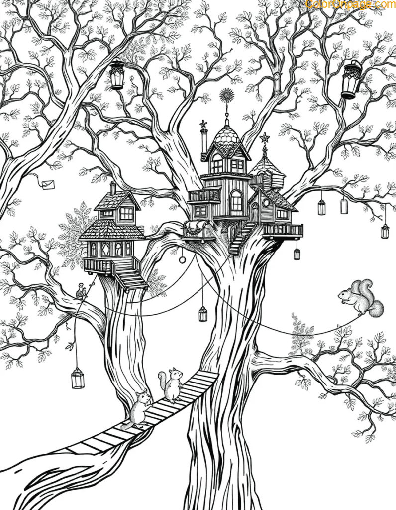 A sprawling treehouse city connected by rope bridges, with tiny lanterns glowing between branches. Squirrels deliver mail via zip lines.