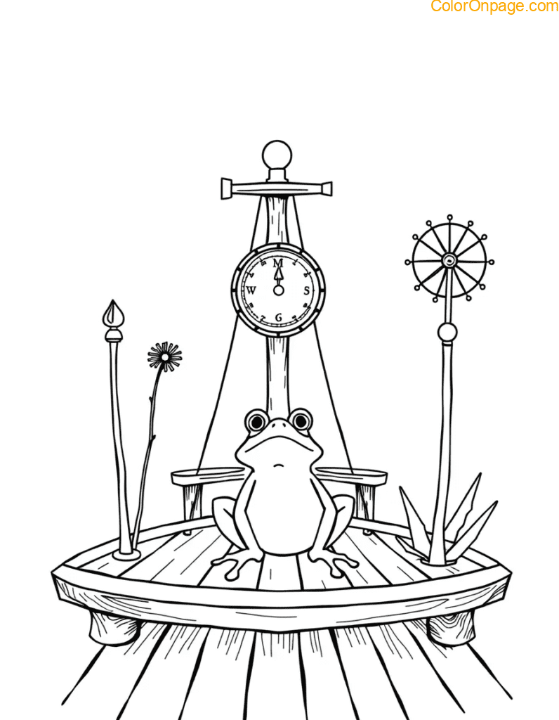 A topmost deck with a pinecone barometer, dandelion wind gauges, and a frog meteorologist.