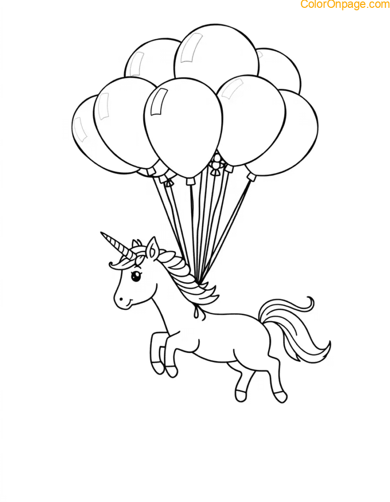 . Balloon Adventure Unicorn Coloring Page