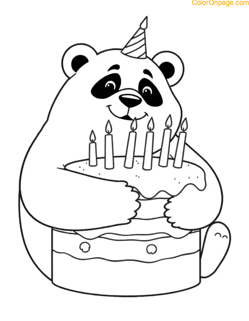 Birthday Panda with Cake – A chubby panda hugging a giant layered cake with candles.