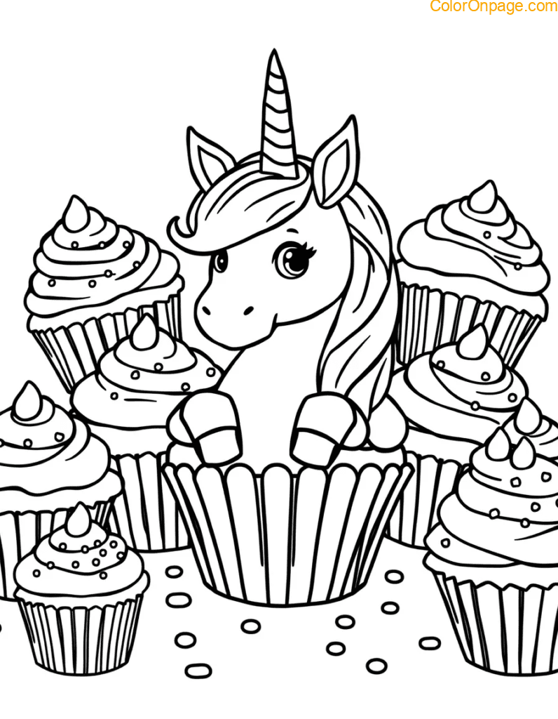 Cupcake Feast Unicorn Coloring Page