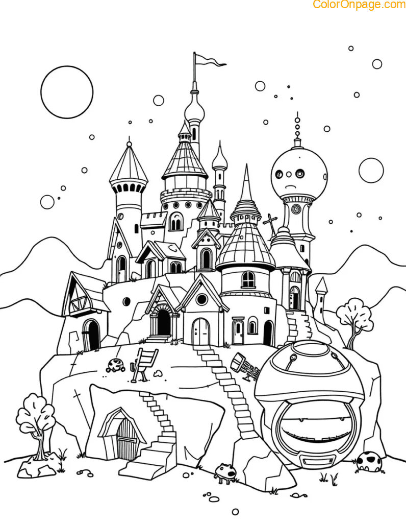 Each level represents a different era stone-age huts, medieval towers, futuristic pods.