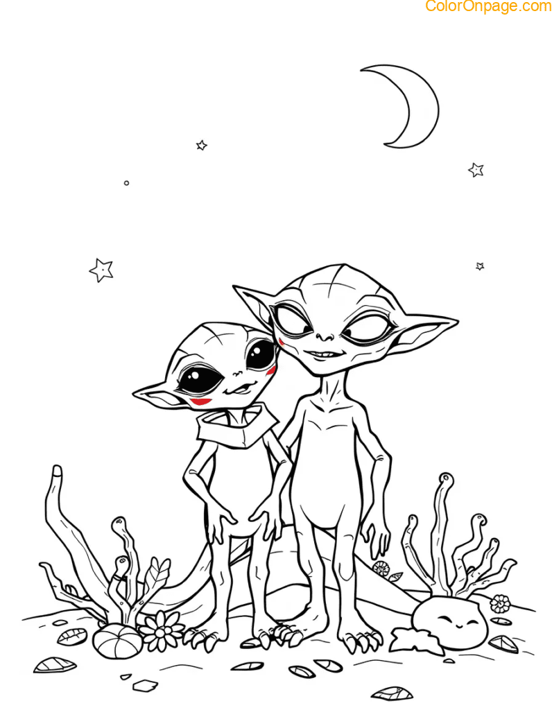 Friendly Alien Family Coloring Page