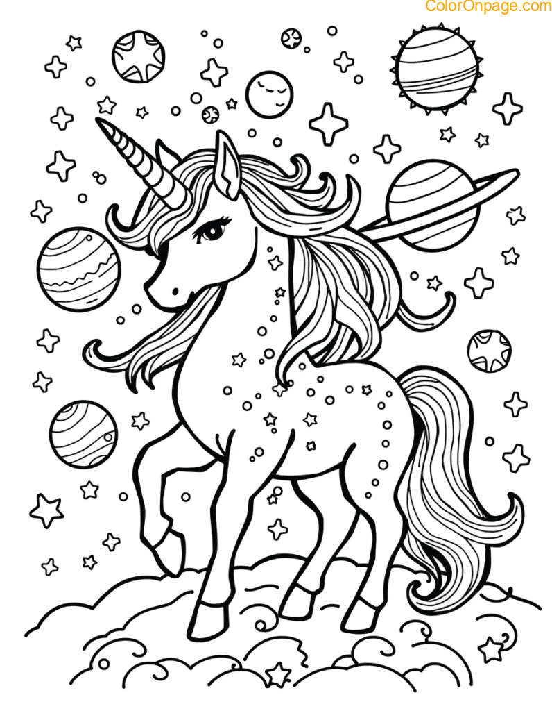 Galaxy Dreamer Unicorn Coloring Page