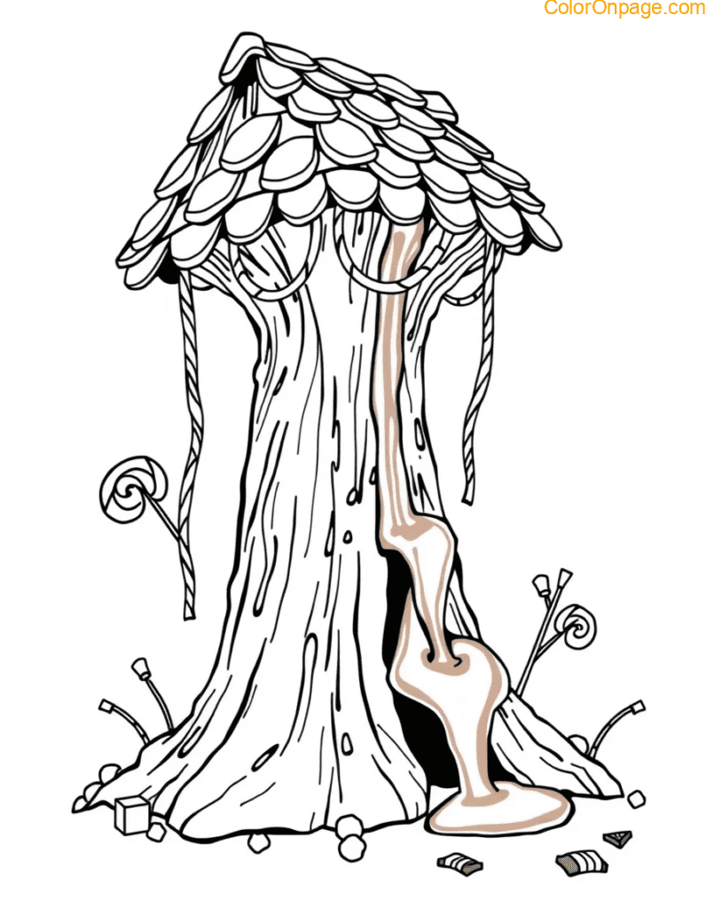 Gumdrop shingles, licorice ropes, and a chocolate fountain flowing down the trunk