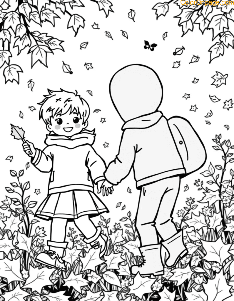 Leaf Pile Jumping Coloring Page