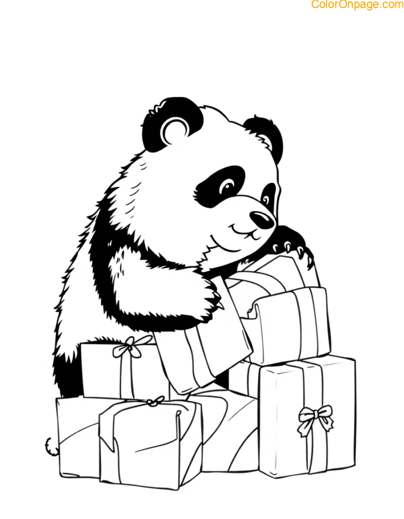 Panda Gift Pile – A curious panda tearing into a stack of wrapped presents.