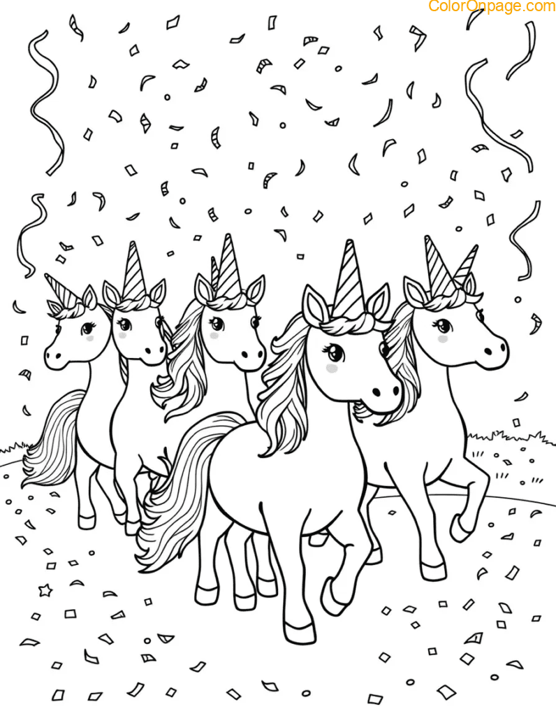 Party Hat Parade Unicorns Coloring Page