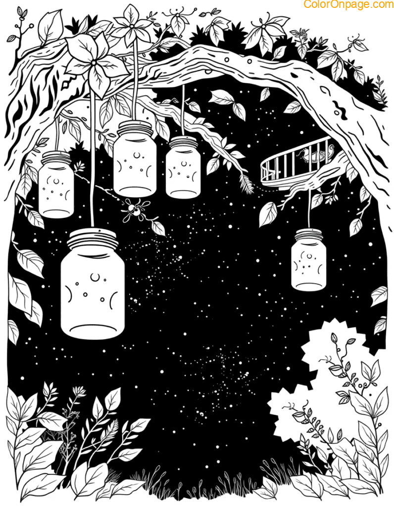 Residents hang bioluminescent jars from branches while fireflies dance. A star-viewing deck at the top.