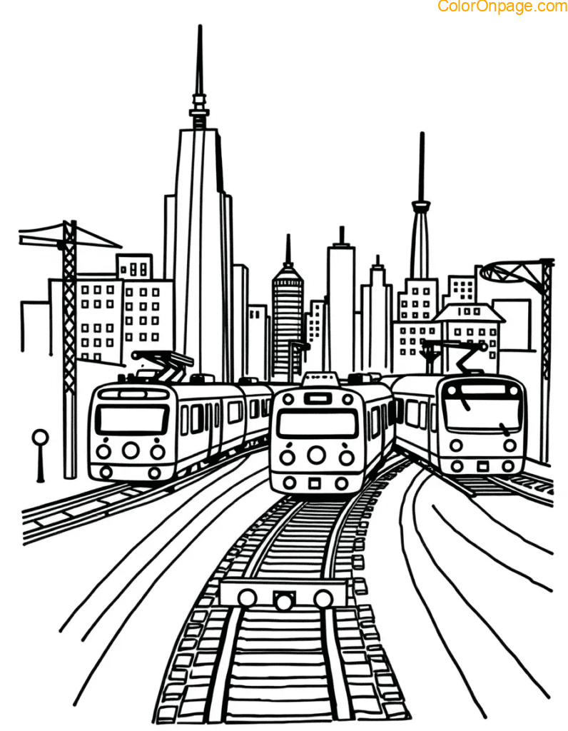 Shape City with Trains Coloring Page