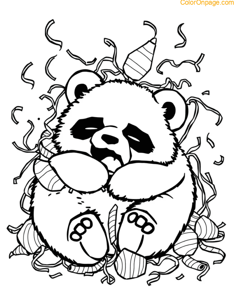 Sleepy Panda with Streamers – A yawning panda curled up in a pile of party decorations.