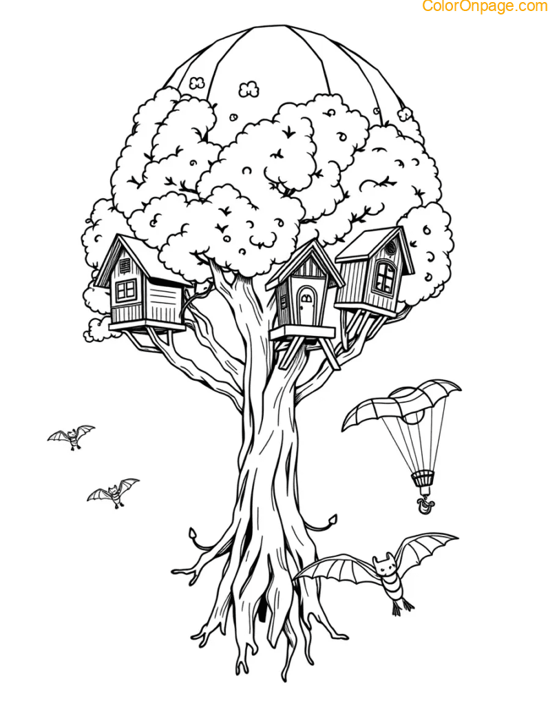 Treehouses on airborne roots, held aloft by giant balloons. Delivery bats with tiny parachutes.