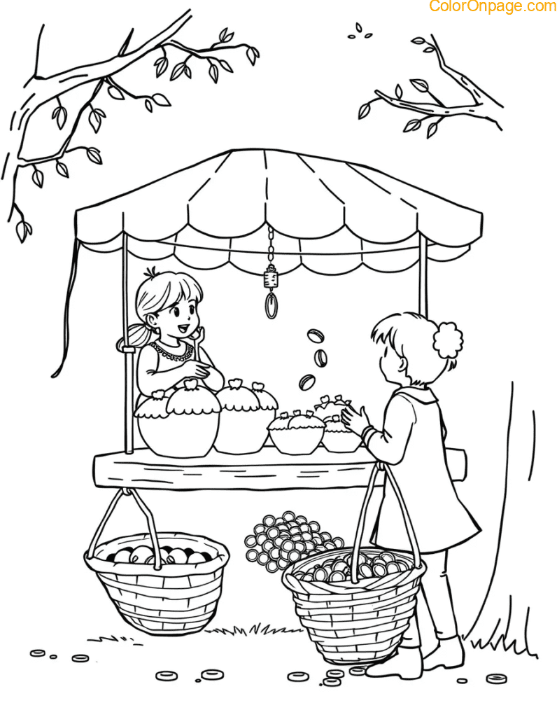 Vendors sell acorn cupcakes and sap syrup on suspended platforms. Kids toss coins in woven baskets