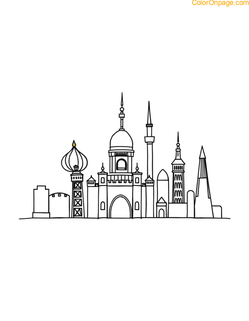 World Landmark Shapes Coloring Page