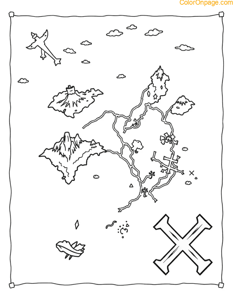 X Marks the Spot Treasure Map Coloring Page