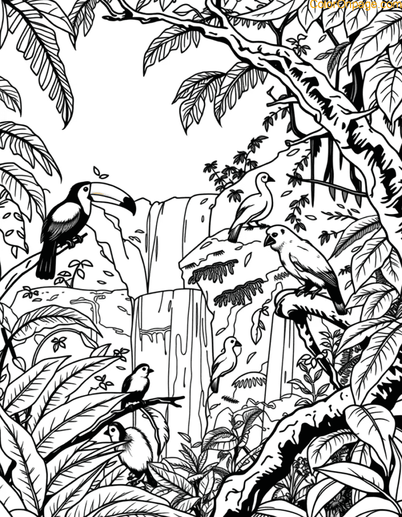 amazon-rainforest-toucans-waterfall-coloring-page