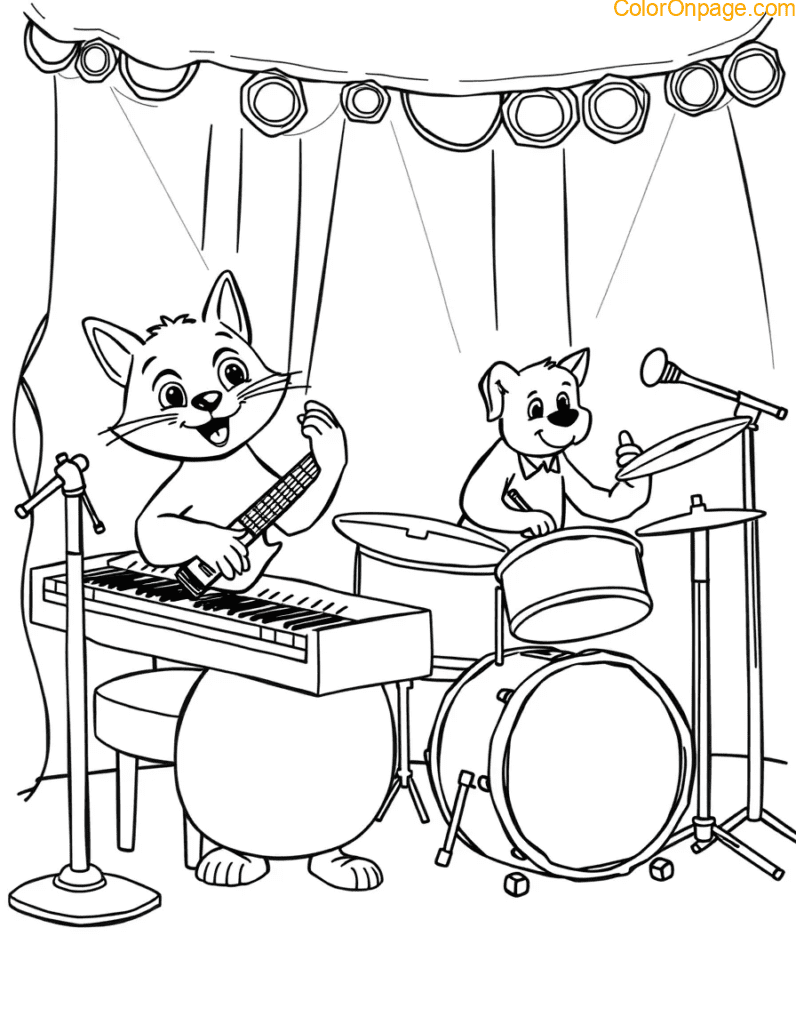 Animal Band Coloring Sheet Cartoon Instruments