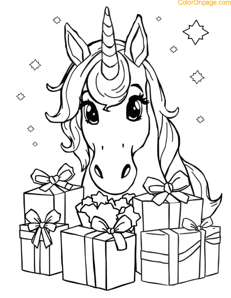 Gift Unwrapping Unicorn Coloring Page