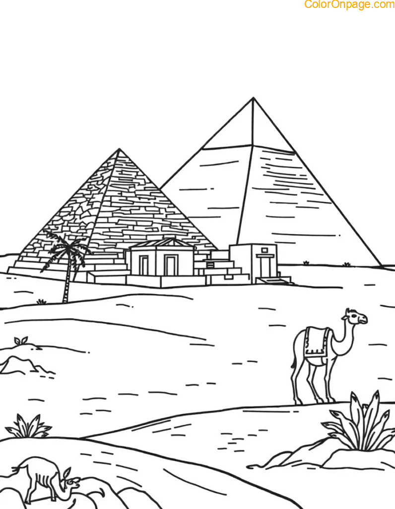 egypt-pyramids-camels-desert-coloring-page