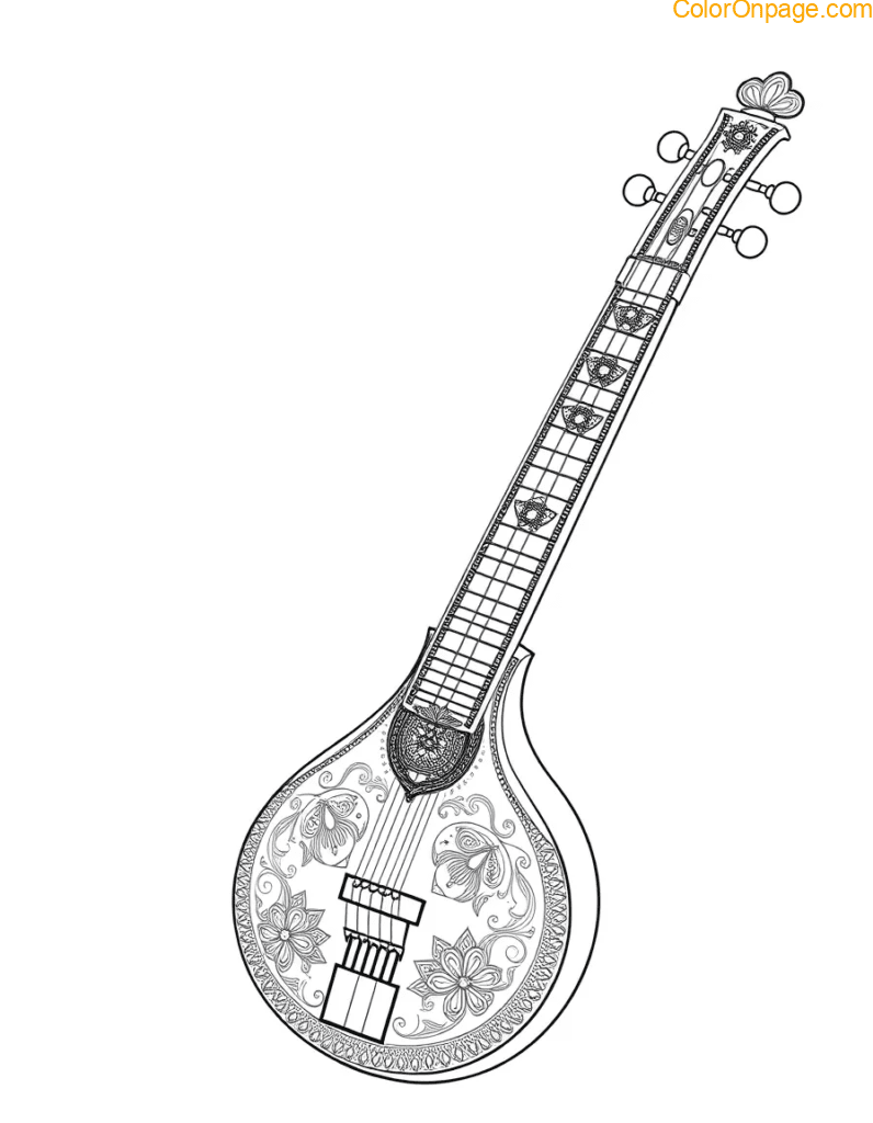 Indian Sitar Coloring Page Traditional
