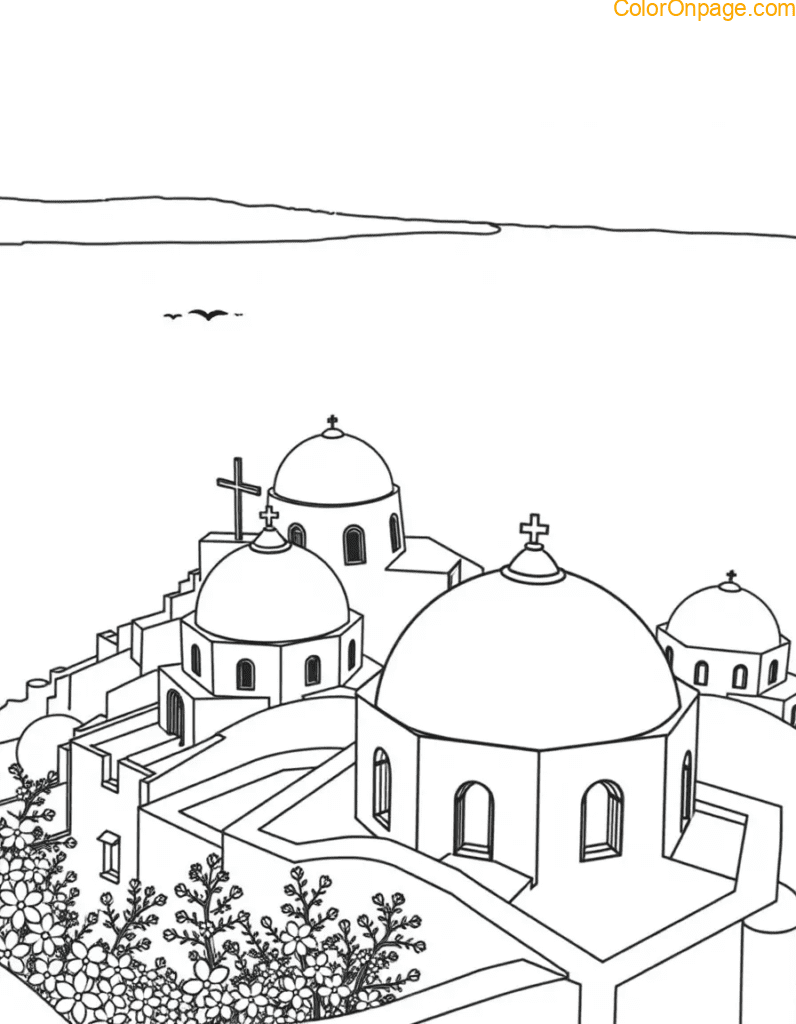 santorini-blue-domes-sea-coloring-page