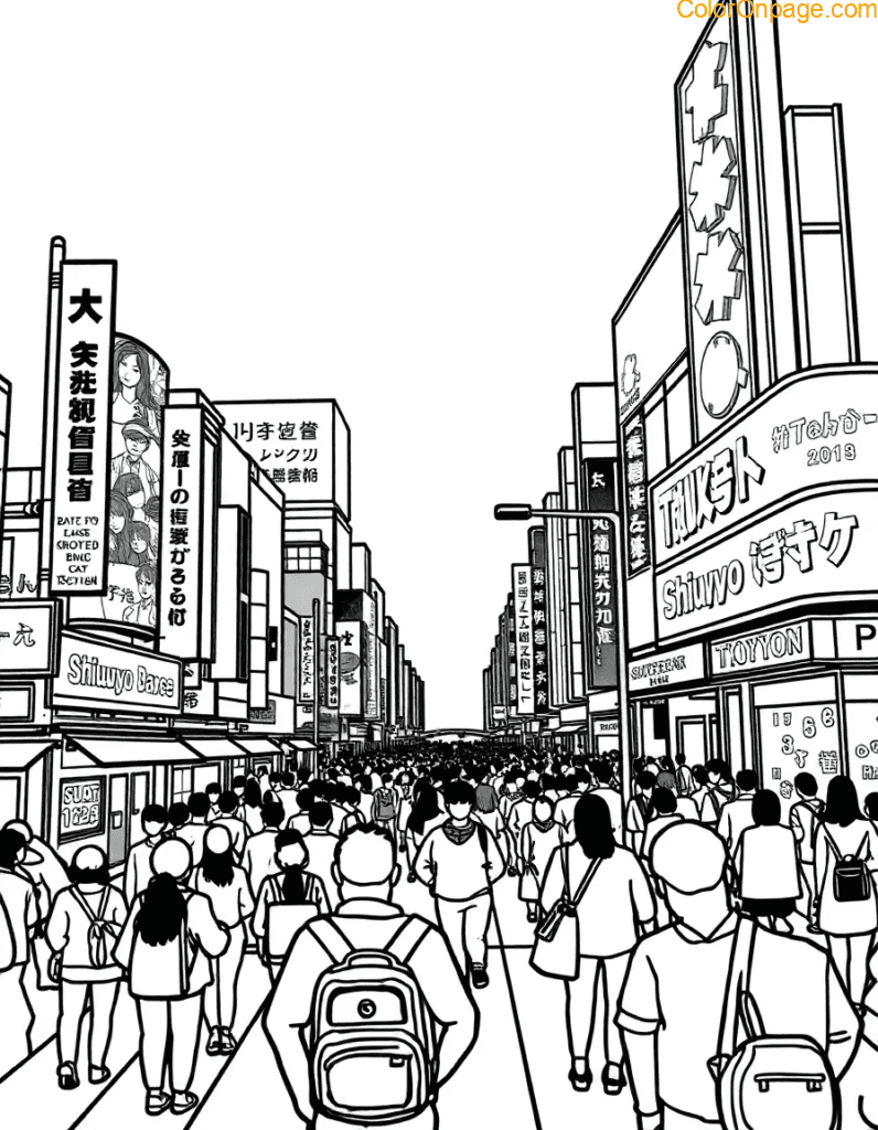 tokyo-shibuya-neon-crowd-coloring-page