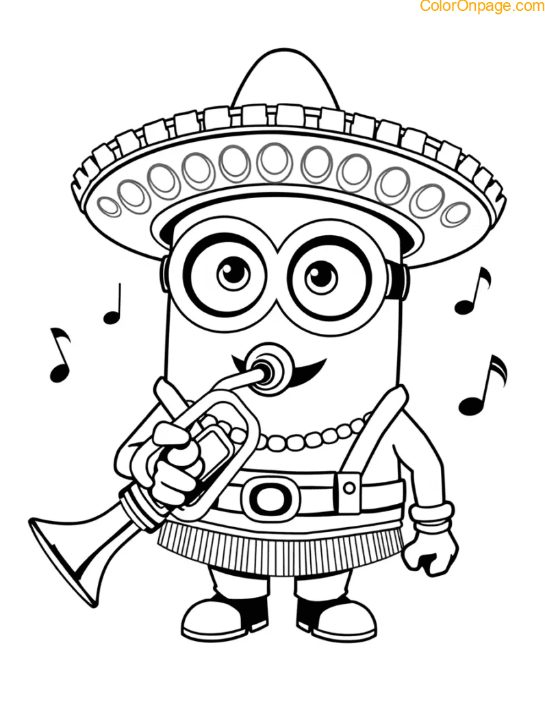 mariachi minion sombrero trumpet music coloring page.png